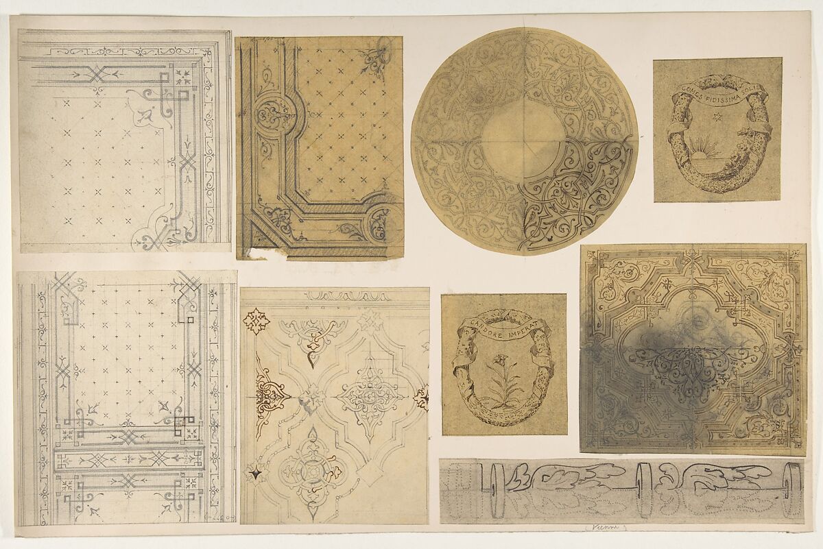 Nine designs for the painted decoration of an interior, possibly for the Hôtel Rothschild, Vienna, Jules-Edmond-Charles Lachaise (French, died 1897), graphite and pen and ink on various papers glued to cardboard 