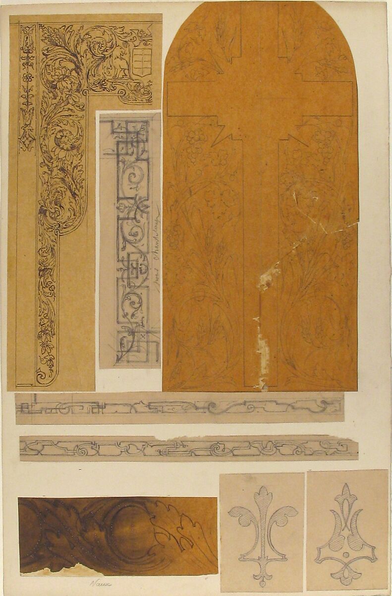 Eight designs for painted wall decorations; one for "chanteloup," another for "Nause", Jules-Edmond-Charles Lachaise (French, died 1897), graphite and pen and ink on various papers glued to cardboard