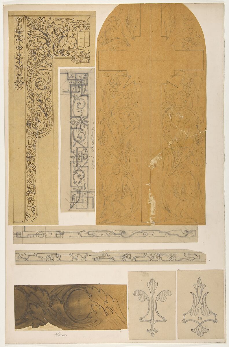 Eight designs for painted wall decorations; one for "chanteloup," another for "Nause", Jules-Edmond-Charles Lachaise (French, died 1897), graphite and pen and ink on various papers glued to cardboard 