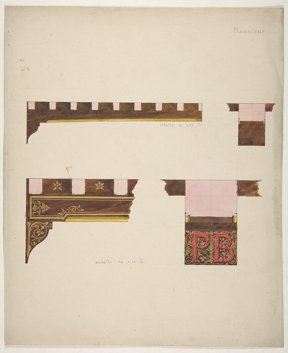 Designs for the painted decoration of ceiling timbers monogrammed "PB", Jules-Edmond-Charles Lachaise (French, died 1897), pen and ink, watercolor, and gold paint on wove paper 