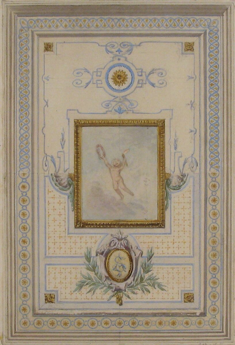 Design for the painted decoration of a ceiling with the monogram:  AS, Jules-Edmond-Charles Lachaise (French, died 1897), graphite, pen and ink, watercolor on wove paper