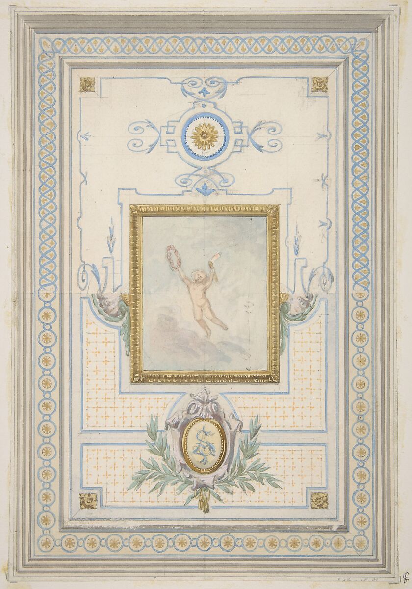 Design for the painted decoration of a ceiling with the monogram:  AS, Jules-Edmond-Charles Lachaise (French, died 1897), graphite, pen and ink, watercolor on wove paper 