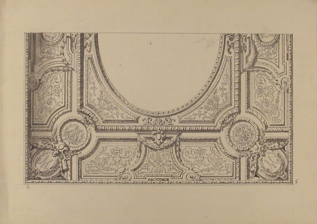 Design for the painted decoration of a ceiling with the monogram:  M, Jules-Edmond-Charles Lachaise (French, died 1897), pen and ink, brush and wash over graphite on wove paper