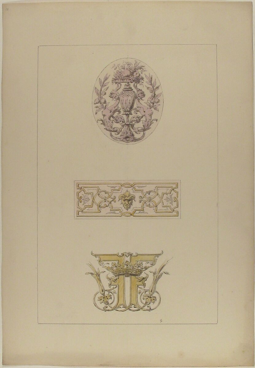 Two designs for decorative panels and one design for an ornamental monogram with a crown and the initials:  FF, Jules-Edmond-Charles Lachaise (French, died 1897), Watercolor and graphite