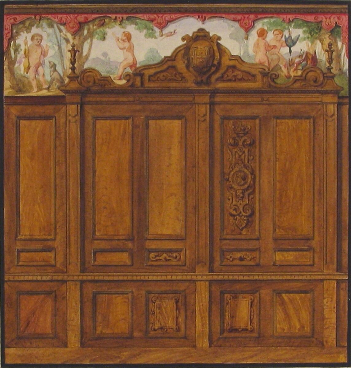 Design for the decoration of a room with a large wood-paneled cupboard surmounted by the monogram:  H, Jules-Edmond-Charles Lachaise (French, died 1897), Pen and ink, watercolor, and gold paint on wove paper