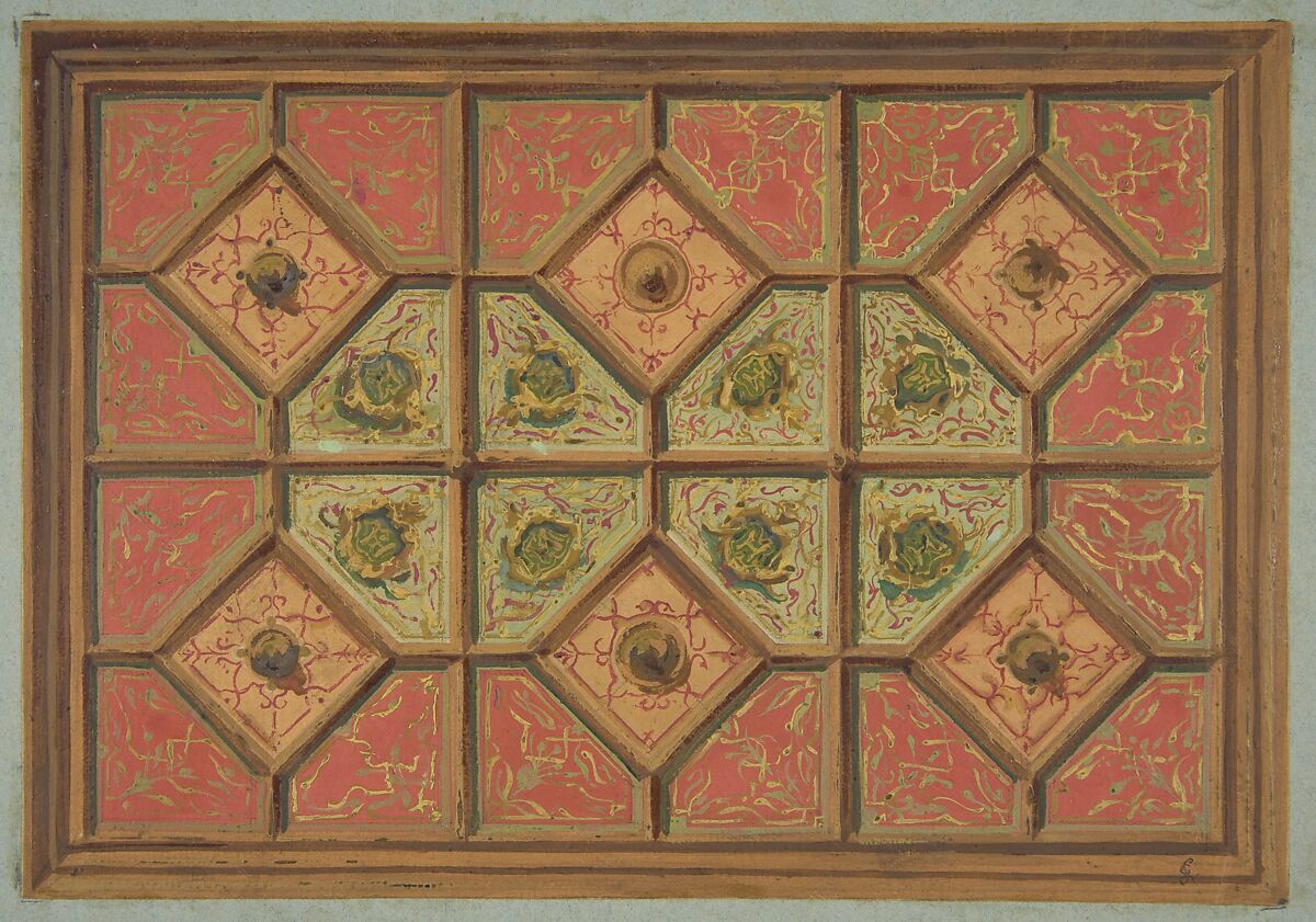 Design for the painted decoration of a coffered ceiling incorporating the initial:  H, Jules-Edmond-Charles Lachaise (French, died 1897), Gouache and oil paint on laid paper 