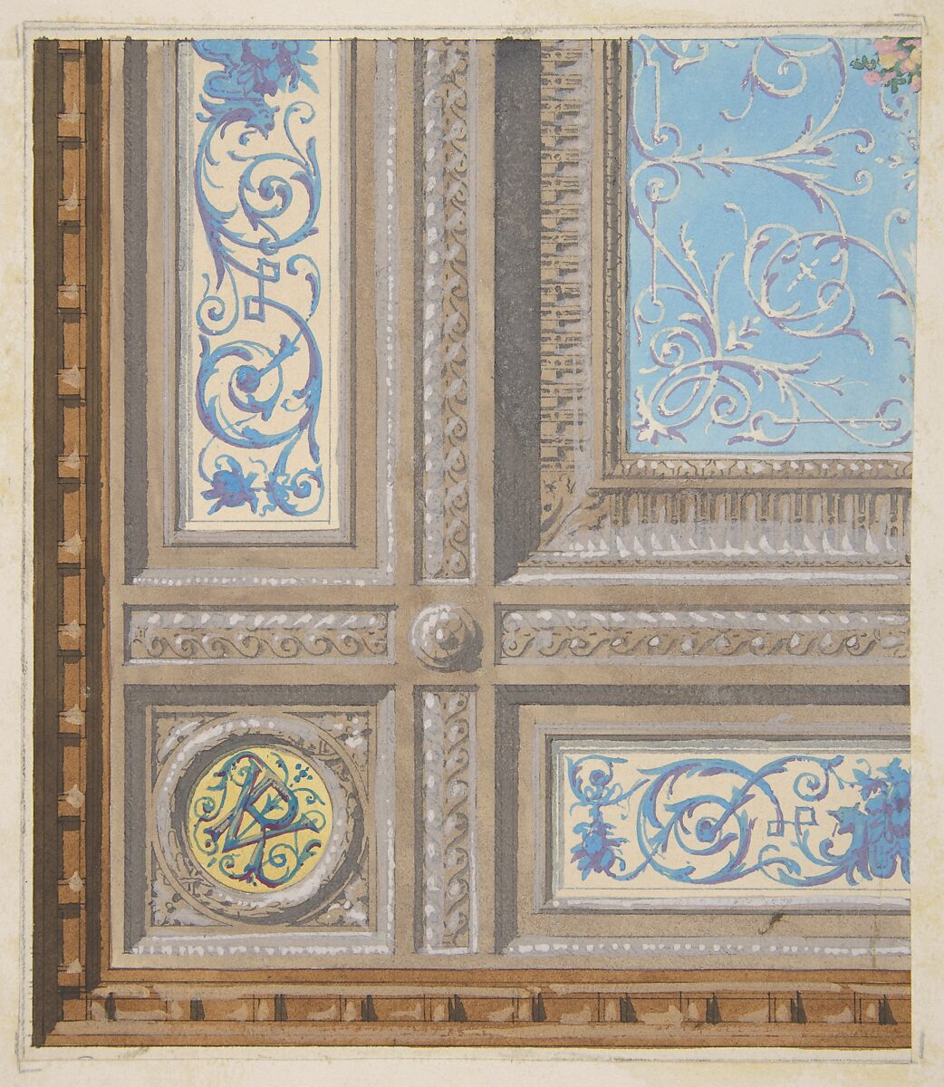 Design for the painted decoration of a coffered ceiling with initials:  VR, Jules-Edmond-Charles Lachaise (French, died 1897), pen and ink, watercolor, and gouache on wove paper 