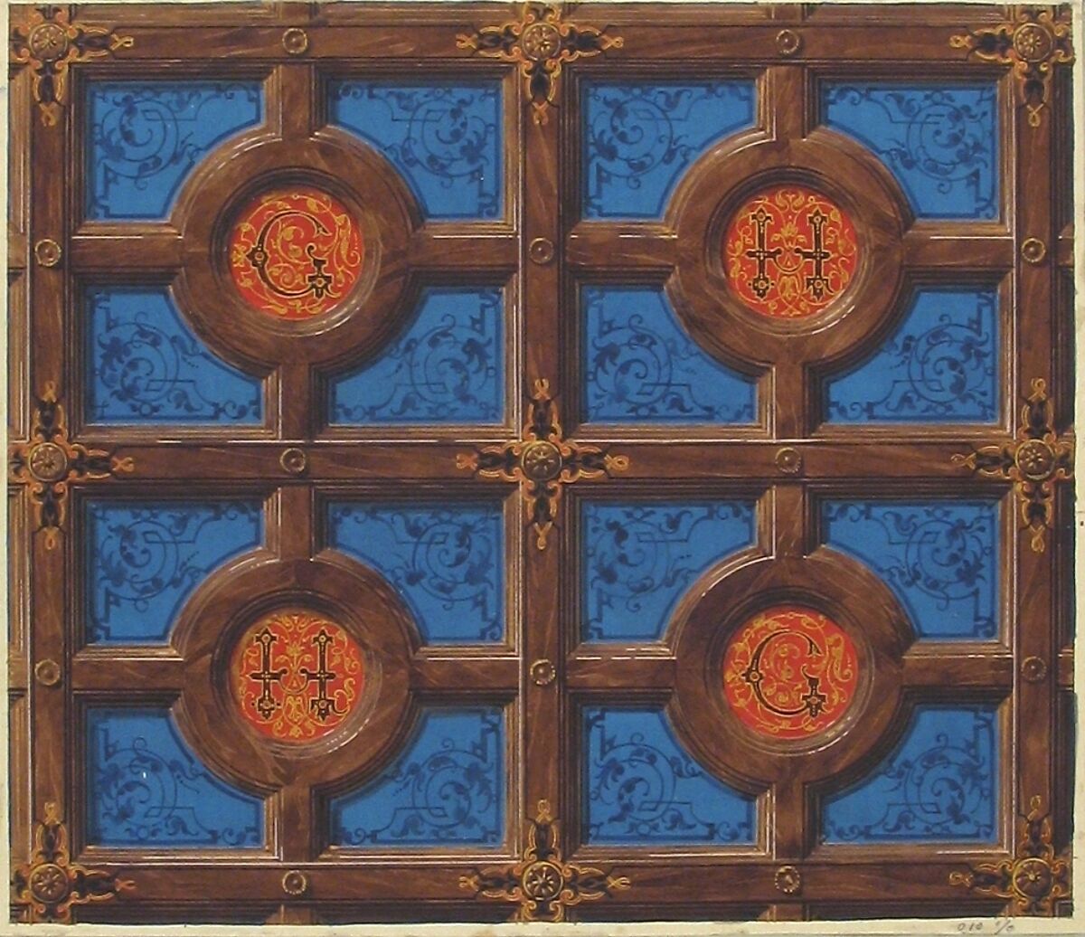 Design for the painted decoration of a coffered ceiling incorporating initials (G and H) for a house on the rue de Clichy, Jules-Edmond-Charles Lachaise (French, died 1897), Watercolor, gouache, pen and black ink, and gilt