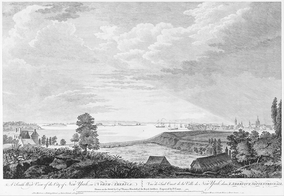 A South West View of the City of New York, in North America, Pierre Charles Canot (French, Paris 1710–1777 Kentish Town, London (active England)), Etching and engraving; probably second or third state 