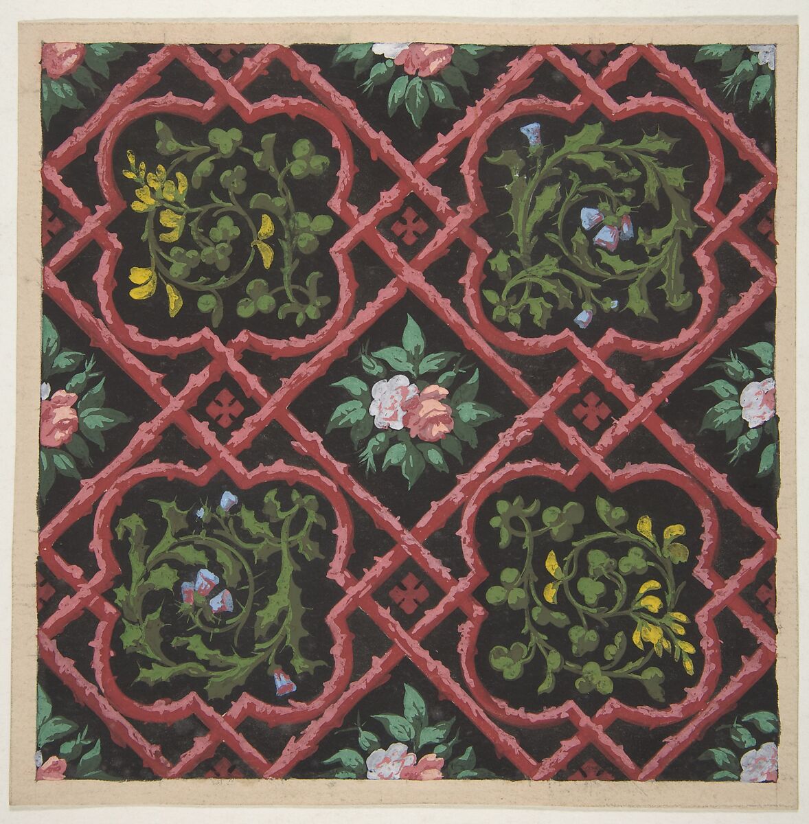 Design for wallpaper featuring flowers and latticework, Jules-Edmond-Charles Lachaise (French, died 1897), Gouache on wove paper 