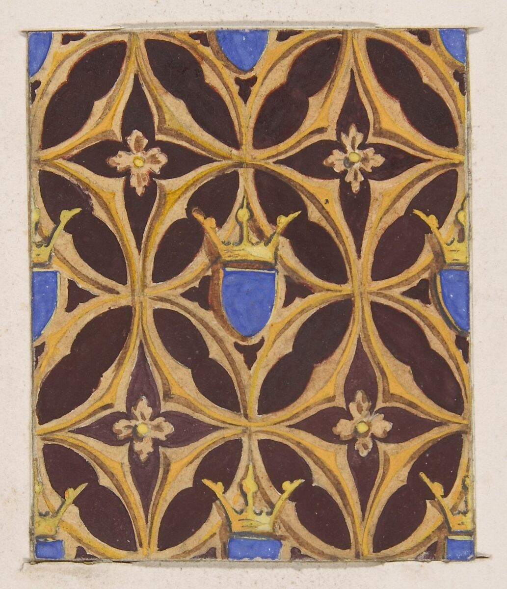 Design for wallpaper featuring blue shields surmouted by crowns, Jules-Edmond-Charles Lachaise (French, died 1897), graphite and gouache on wove paper 