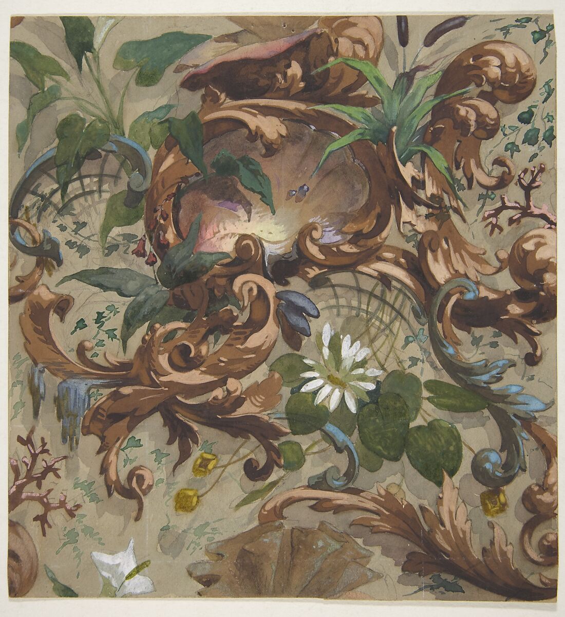 Design for wallpaper featuring shells, waterlilies, and cattails, Jules-Edmond-Charles Lachaise (French, died 1897), gouache on wove paper 