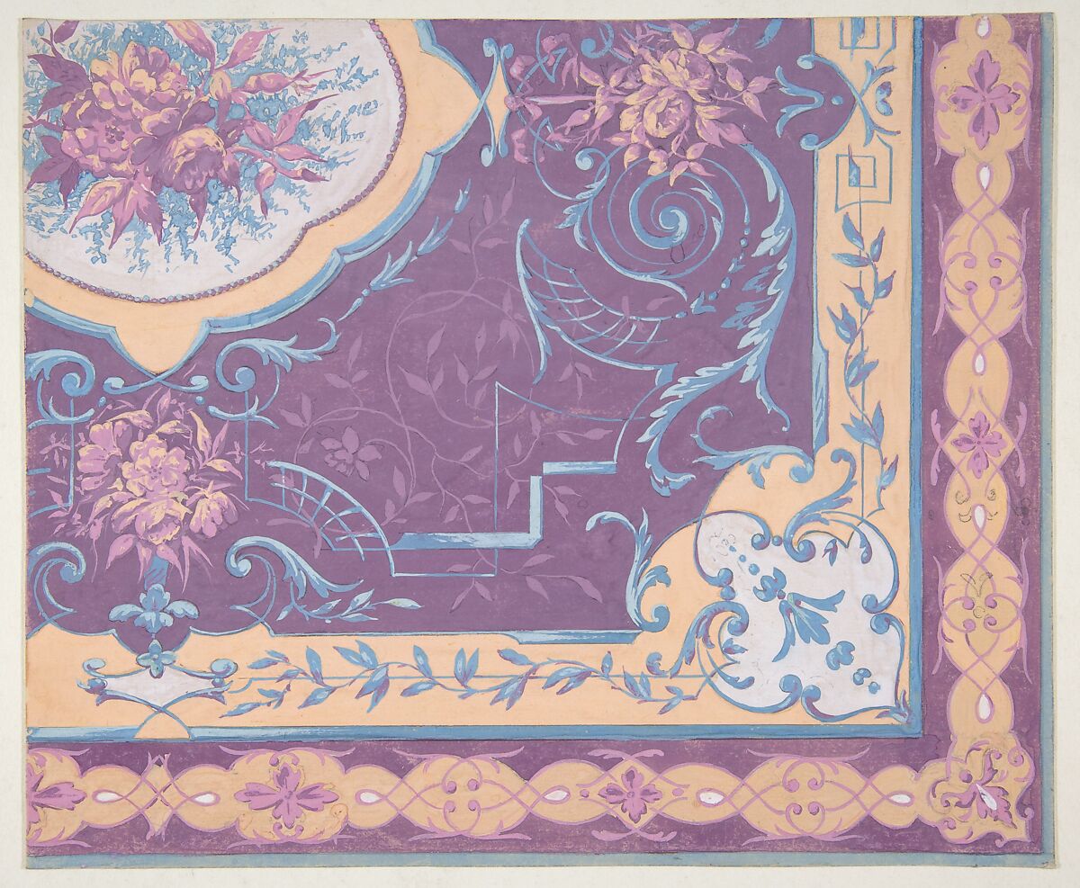 Wallpaper design featuring bouquets of roses, strapwork, and rinceaux, Jules-Edmond-Charles Lachaise (French, died 1897), gouache on wove paper 