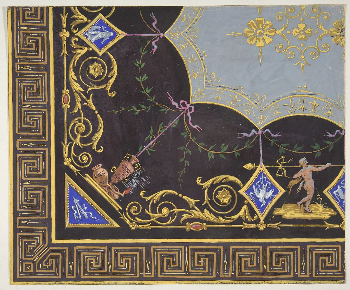 Design for wallpaper with Roman key border, rinceaux, and medallions, Jules-Edmond-Charles Lachaise (French, died 1897), gouache on wove paper 