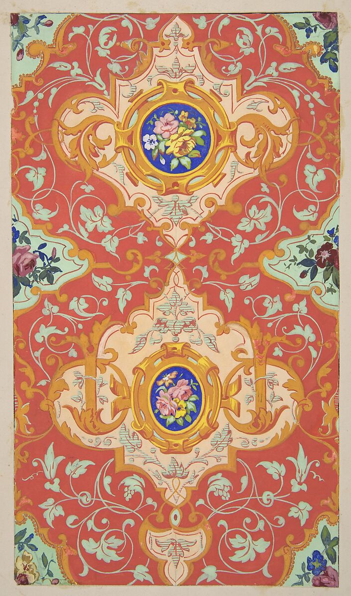 Design for wallpaper featuring strapwork, rinceaux, and cartouches filled with bouquets of roses, Jules-Edmond-Charles Lachaise (French, died 1897), gouache on wove paper 