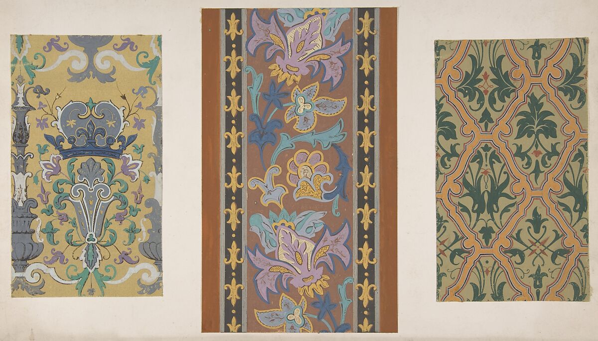 Three designs for wallpaper featuring strapwork, rinceaux, and fleurs-de-lis, Jules-Edmond-Charles Lachaise (French, died 1897), gouache on wove paper glued to cardboard 