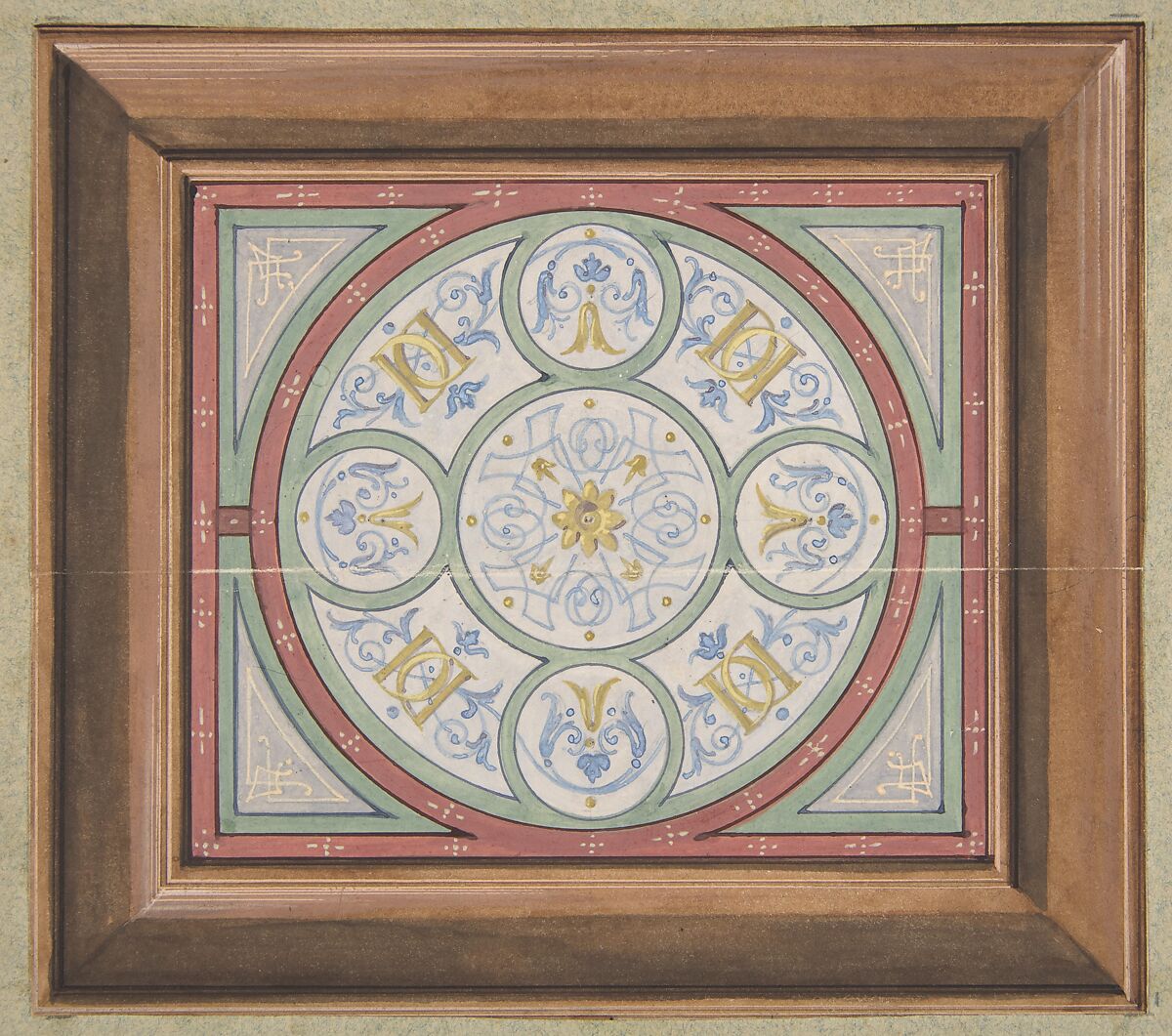 Design for painted decoration of a ceiling incorporating interwined initials: DD, Jules-Edmond-Charles Lachaise (French, died 1897), pen and ink, watercolor on wove paper 