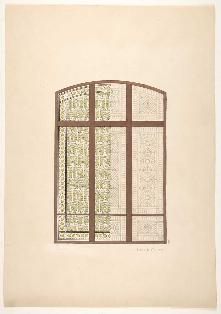 Design for an arched stained glass window, showing two alternative patterns, Jules-Edmond-Charles Lachaise (French, died 1897), Graphite, pen and ink, wash, and watercolor on wove paper 