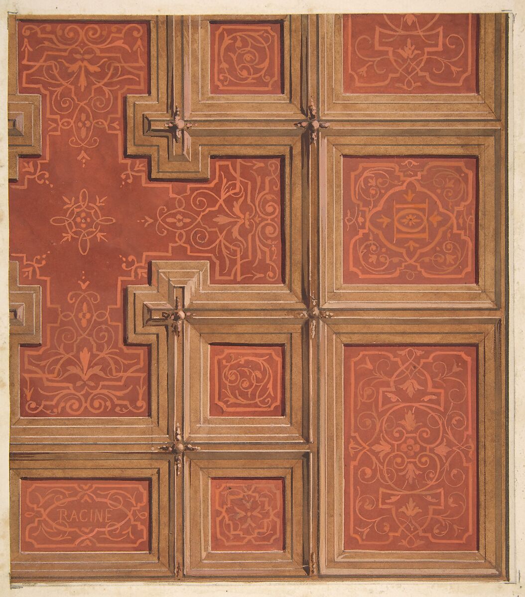 Design for the decoration of a coffered ceiling ornamented with the name "Racine" and entwined  letters: DD, Jules-Edmond-Charles Lachaise (French, died 1897), Graphite, watercolor and gouache on wove paper 
