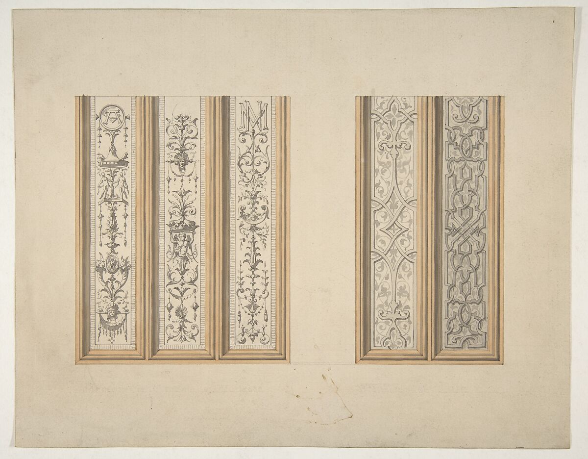 Designs for the painted decoration of framed panels, possibly for the Château de Mouchy (Oise), Jules-Edmond-Charles Lachaise (French, died 1897), Pen and gray ink, wash, and watercolor on wove paper 