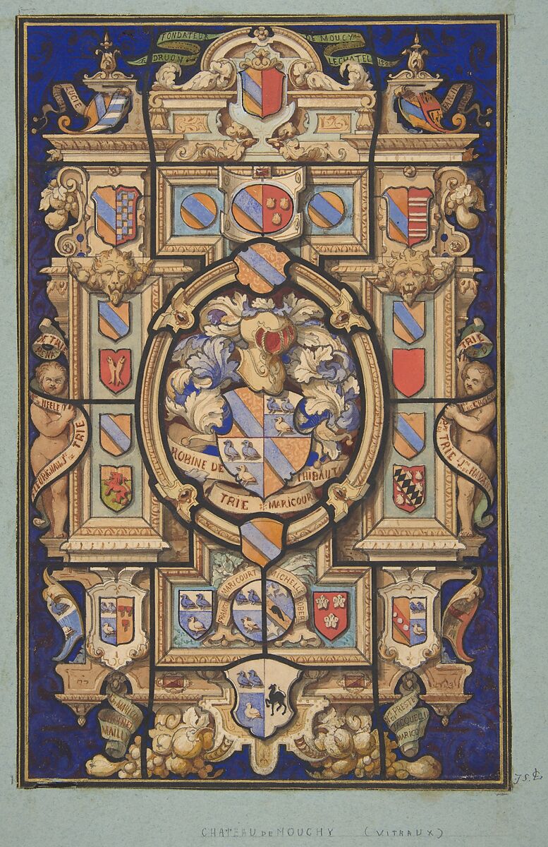 Design for a stained-glass window with heraldic designs for the Château Mouchy (Oise), Jules-Edmond-Charles Lachaise (French, died 1897), Pen and ink, watercolor and gouache on wove paper 