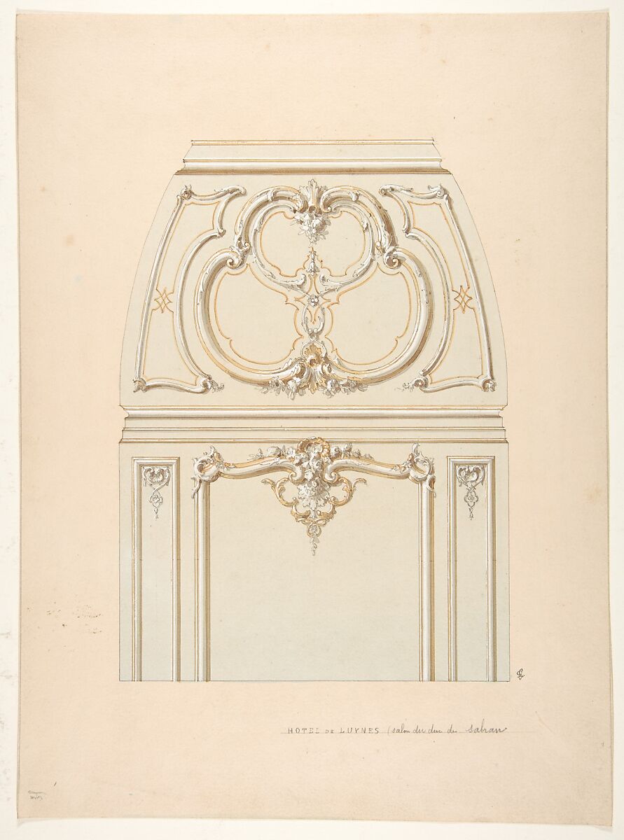 Design for Rococco-style wall and cove ornament in the salon of the Hotel de Luynes, owned by the Duc de Sabran, Jules-Edmond-Charles Lachaise (French, died 1897), pen and ink and watercolor on wove paper 
