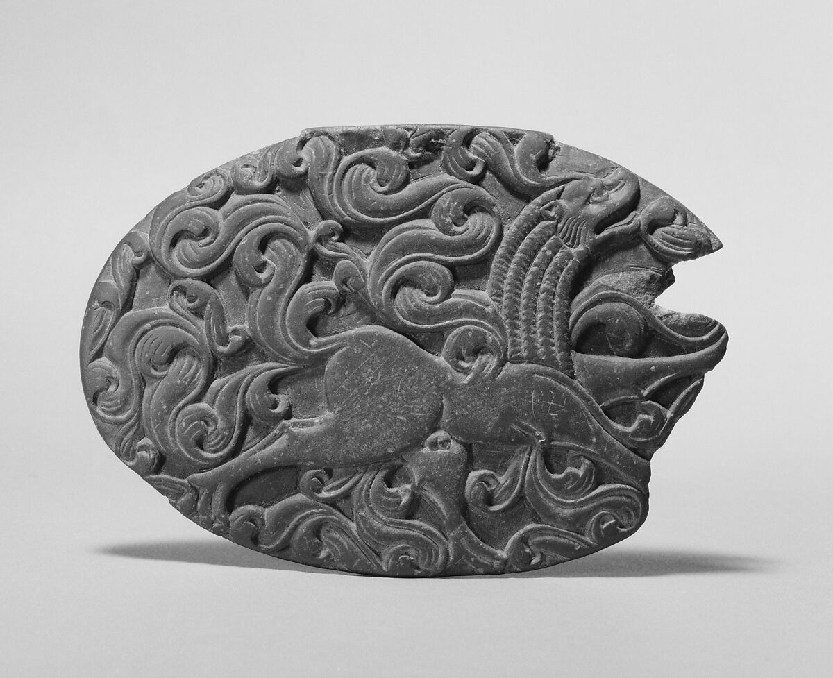 Box Lid with a Winged Lion and Remnant of an Iron Hinge, Stone, Pakistan (ancient region of Gandhara) 
