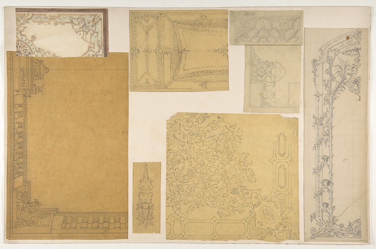 Eight designs of the ornamentation of ceilings and walls, probably for the Duc de Mouchy, Jules-Edmond-Charles Lachaise (French, died 1897), graphite and watercolor on various papers, glued to cardboard 