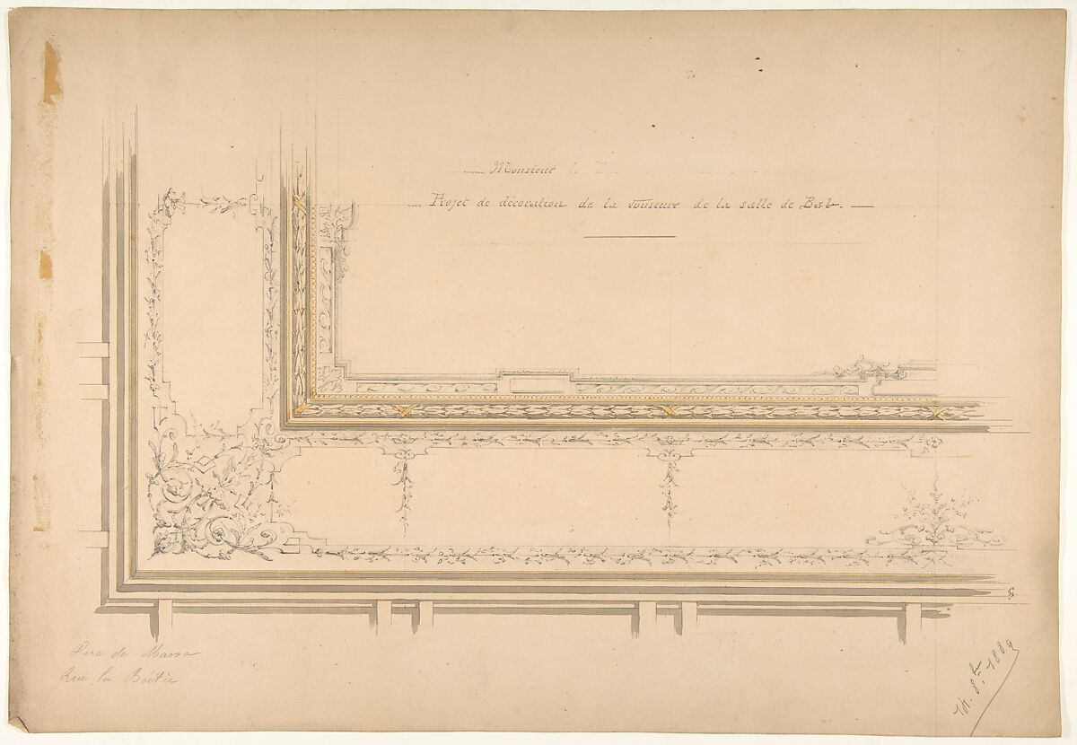 Design for ceiling decoration in the residence of the Duc de Massa on the rue la Boétie, Paris, Jules-Edmond-Charles Lachaise (French, died 1897), Graphite, watercolor, and wash on laid paper 