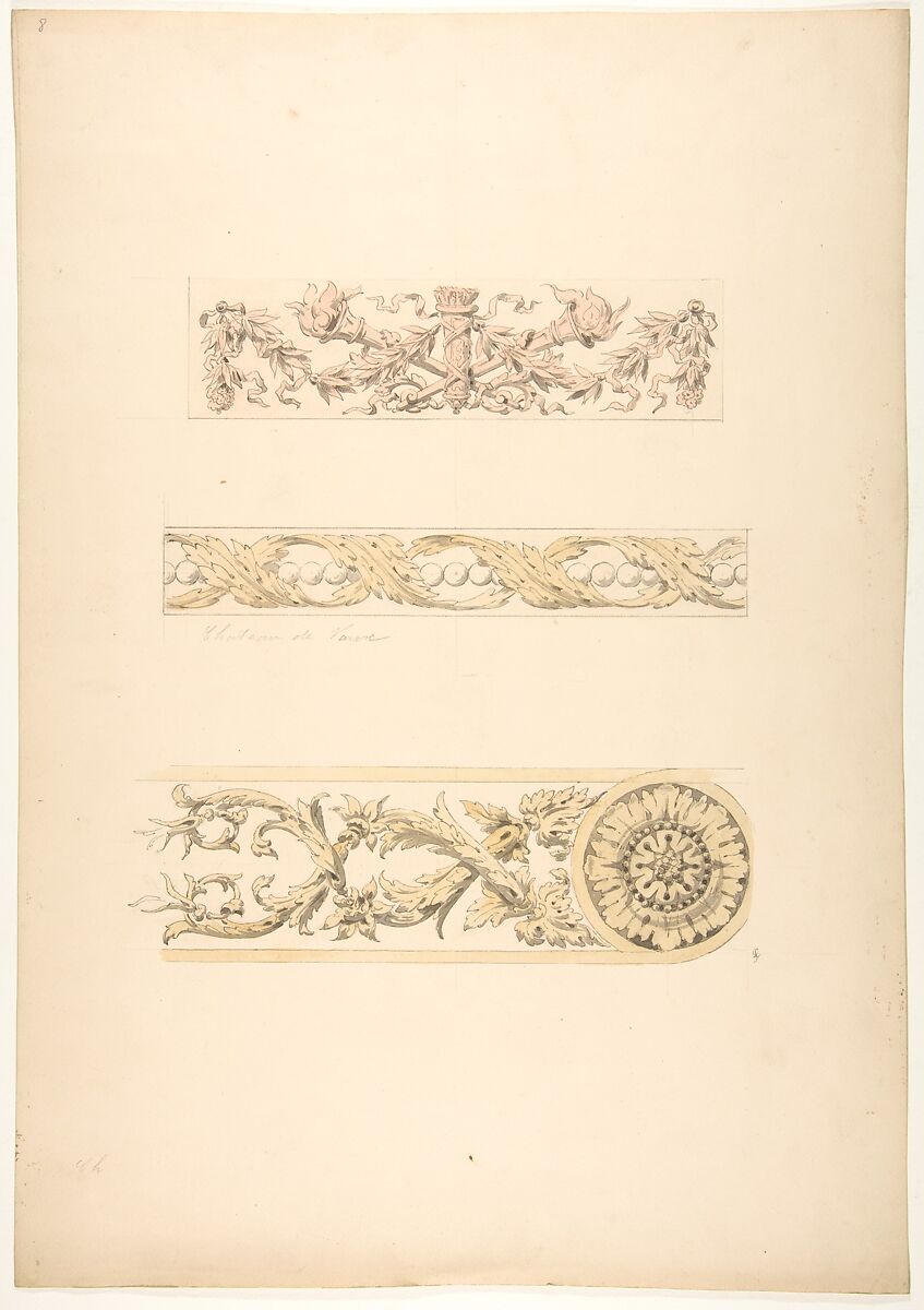 Three ornamental motifs in rococco style, Jules-Edmond-Charles Lachaise (French, died 1897), graphite, pen and ink and watercolor on wove paper 