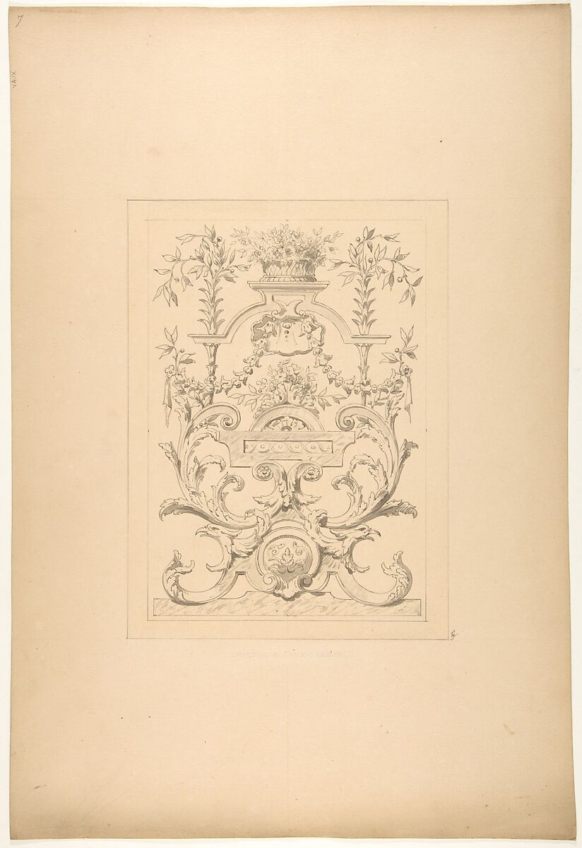 Design for a decorative panel in the Baroque style for the Chateau de Vaux-Praslin, Jules-Edmond-Charles Lachaise (French, died 1897), Pen and ink and wash on wove paper 