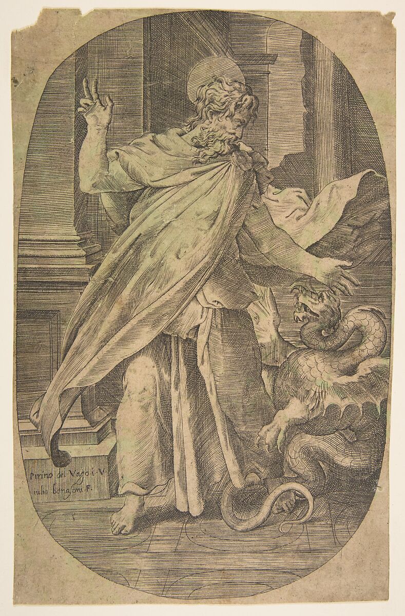 St Paul overcoming the viper, within an architectual setting, an oval composition, Giulio Bonasone (Italian, active Rome and Bologna, 1531–after 1576), Engraving 
