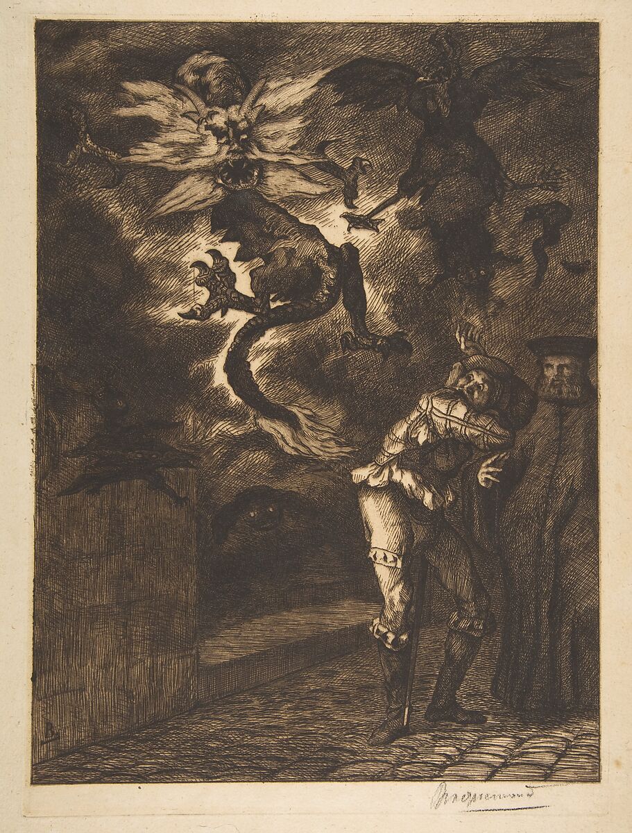 "Hors de mon soleil, canailles!" (Panurge sortant de chez Raminagrobis), Félix Bracquemond (French, Paris 1833–1914 Sèvres), Etching; first state of three 