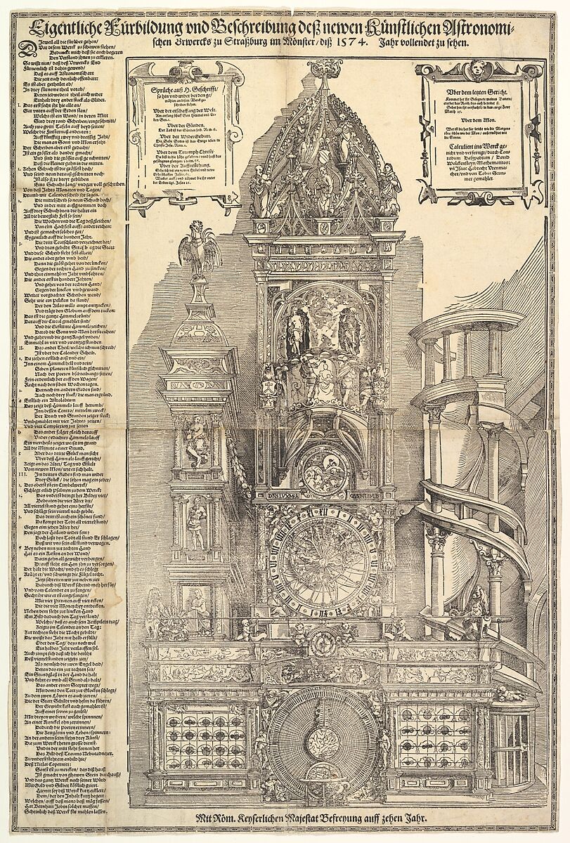 Astronomical Clock in the Cathedral in Strasbourg, Tobias Stimmer (Swiss, Schaffhausen 1539–1584 Strasbourg), Woodcut printed from two blocks on two sheets with letterpress text 