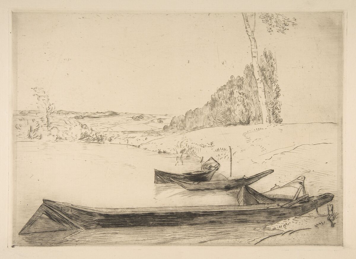 Bachots au bords de la Seine, Félix Bracquemond (French, Paris 1833–1914 Sèvres), Drypoint on laid paper; second state of two 