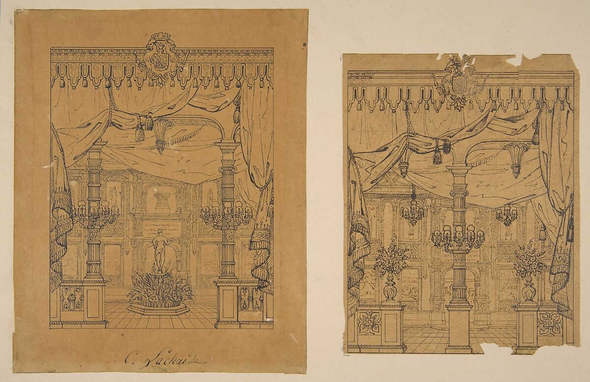 Two Views of a Grand Foyer, Jules-Edmond-Charles Lachaise (French, died 1897), Pen and ink on tracing paper, mounted on heavy wove paper 