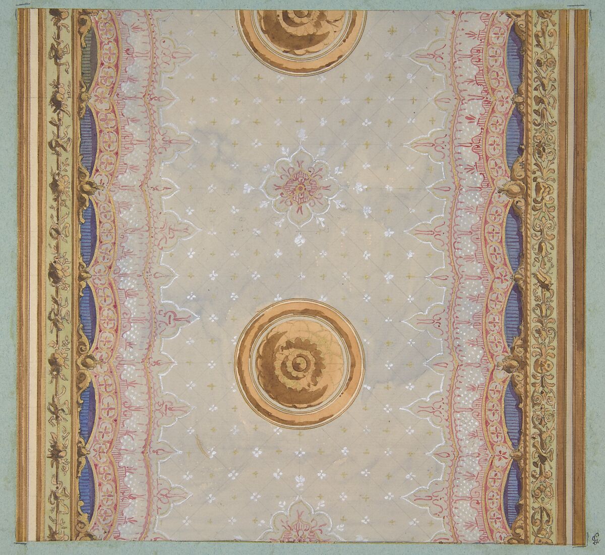 A design for the painted decoration of a ceiling or walls, Jules-Edmond-Charles Lachaise (French, died 1897), graphite, pen and ink, watercolor, and gold paint on laid paper mounted on blue wove paper 