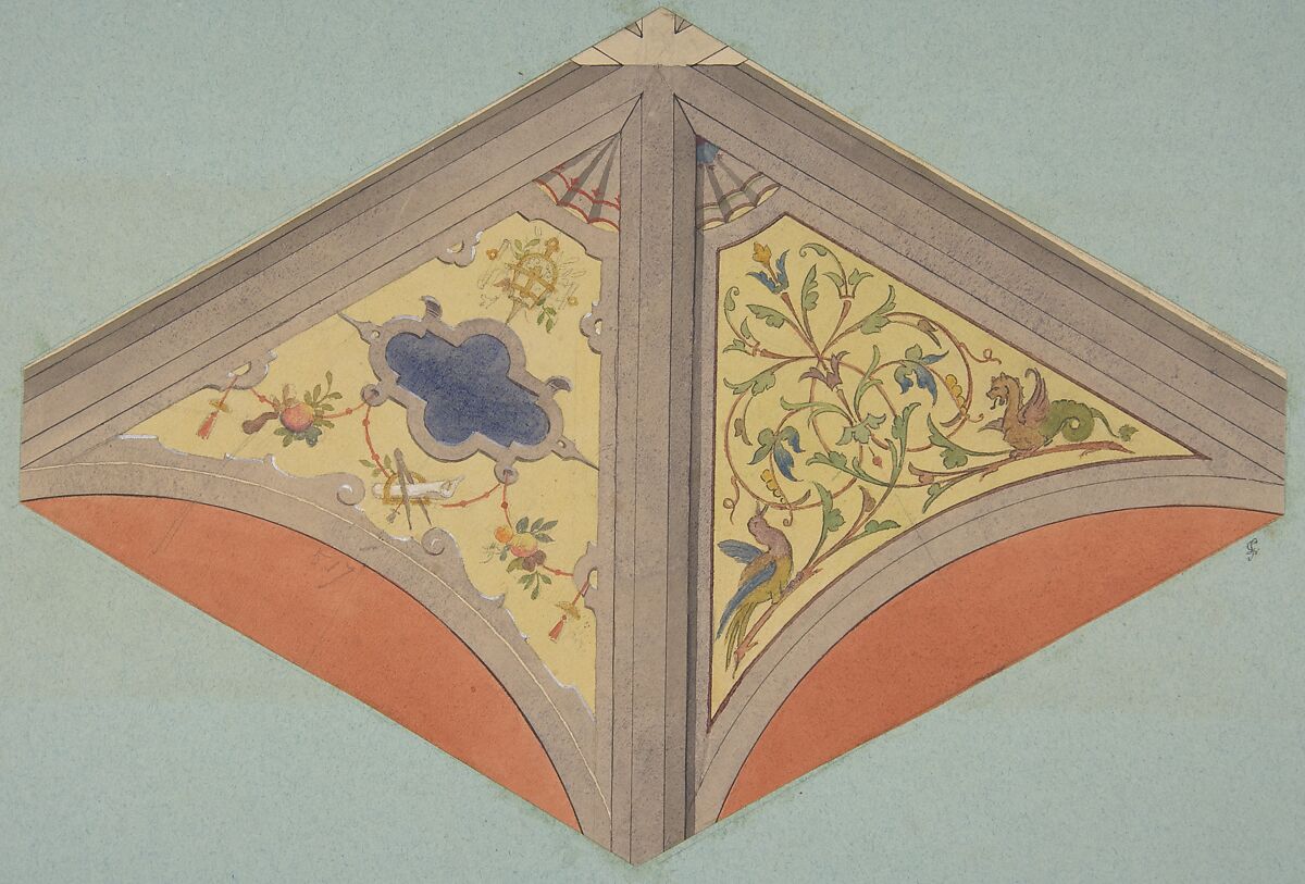 Designs for the painted decoration of a vaulted ceiling, Jules-Edmond-Charles Lachaise (French, died 1897), gra[jote. [em amd oml. And watercolor on wove paper mounted on blue paper 