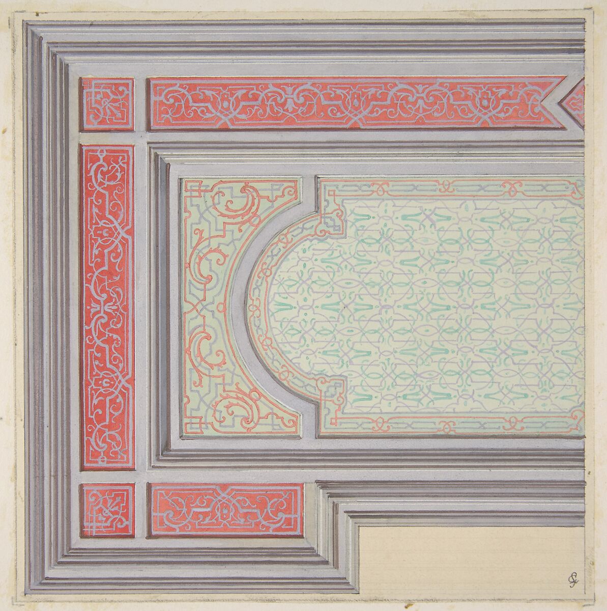 Design for the decoration of a ceiling in strapwork and rinceaux, Jules-Edmond-Charles Lachaise (French, died 1897), pen and ink and watercolor on wove paper, mounted on heavy wove paper 