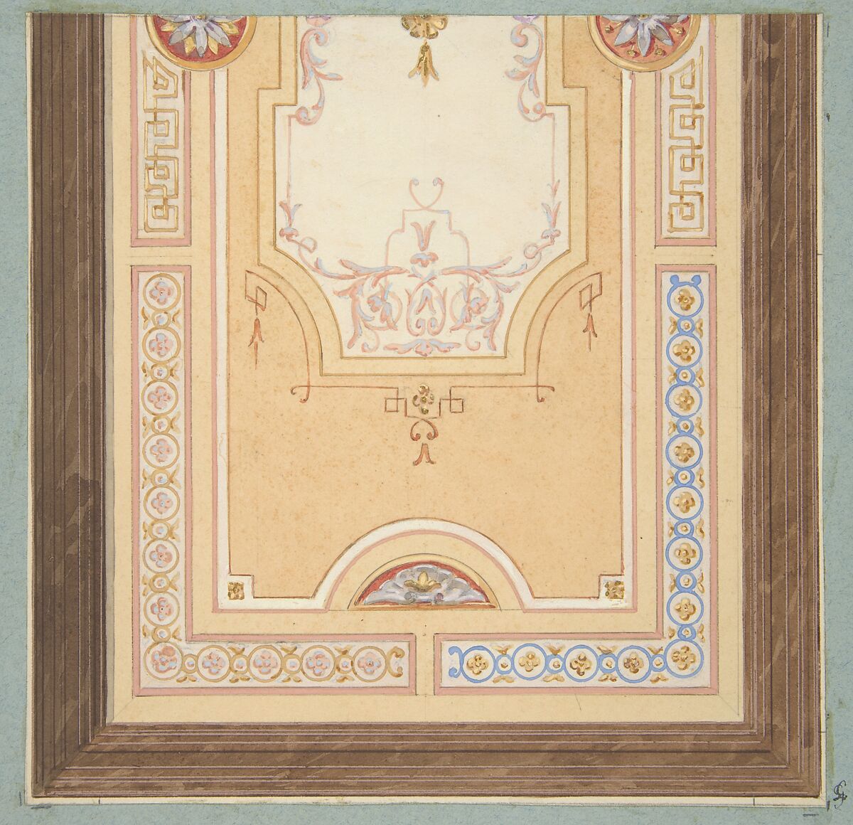 Design for the painted decoration of a ceiling in with strapwork and rinceaux, Jules-Edmond-Charles Lachaise (French, died 1897), pen and ink and watercolor, heightened with white gouache on wove paper; mounted on blue wove paper 