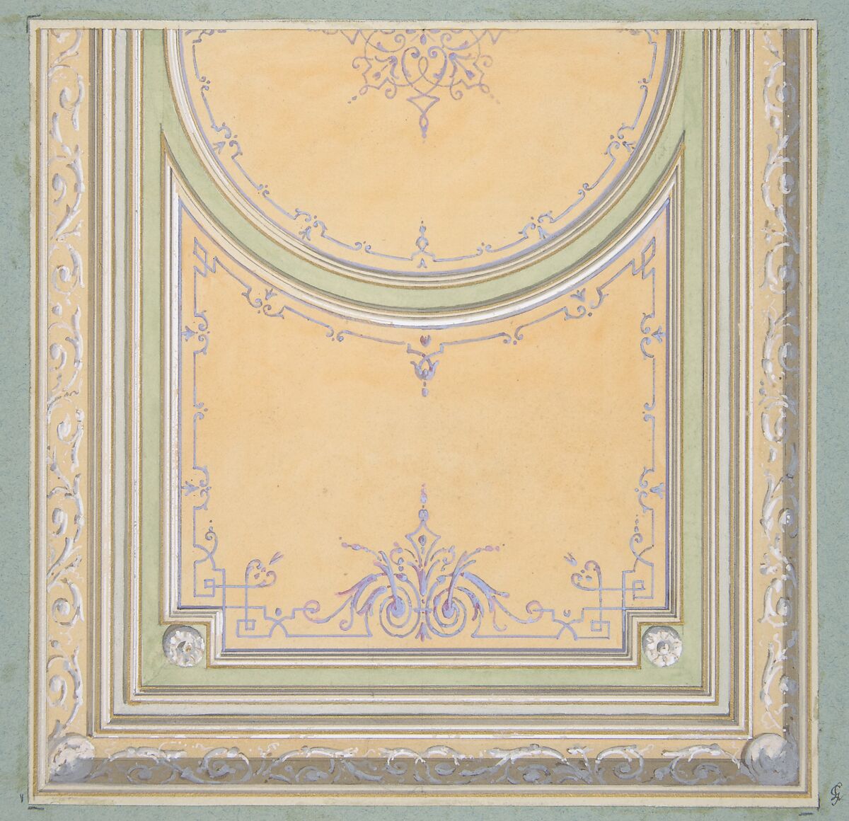 Design for the painted decoration of a ceiling, Jules-Edmond-Charles Lachaise (French, died 1897), pen and ink and watercolor on wove paper; mounted on blue wove paper 