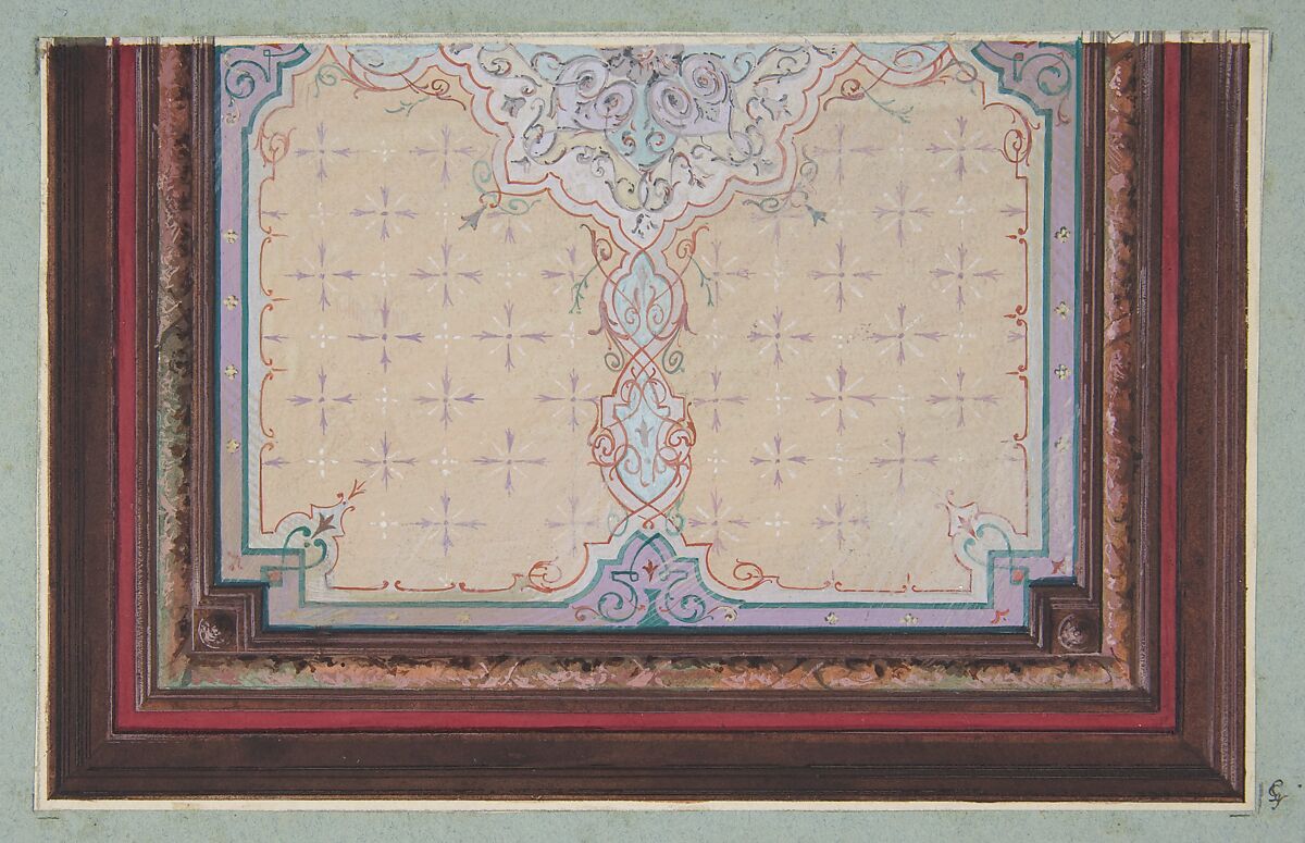 Design for the painted decoration of a ceiling with bursts and filagree, Jules-Edmond-Charles Lachaise (French, died 1897), pen and ink and watercolor on wove paper; mounted on blue wove paper 