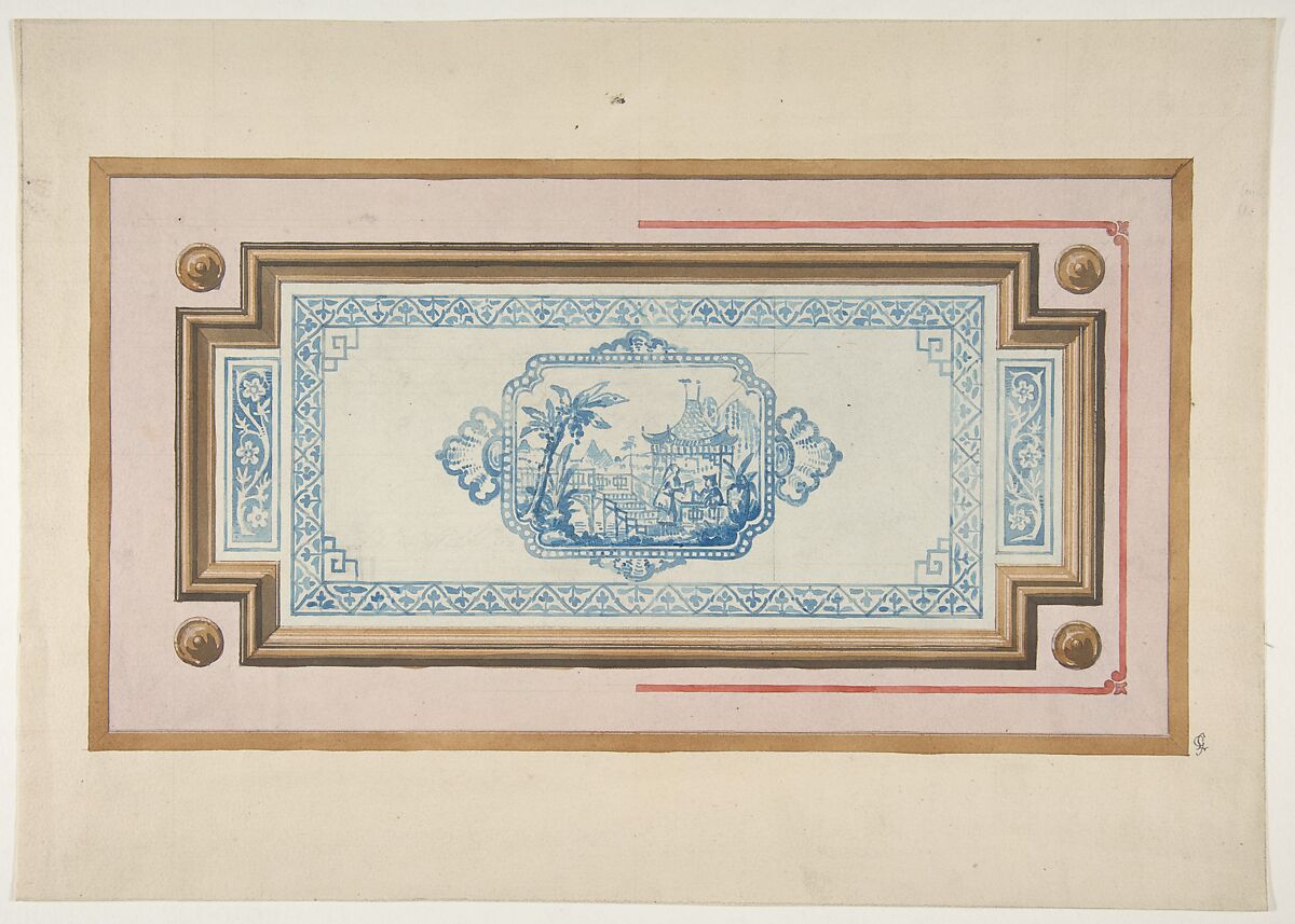 Design for the decoration of a ceiling with a Chinese blue and white design, Jules-Edmond-Charles Lachaise (French, died 1897), pen and ink and watercolor on wove paper 