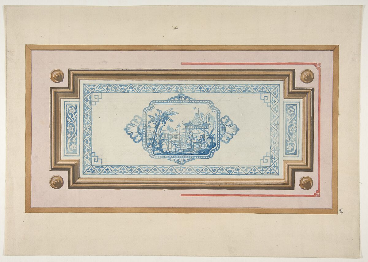Design for the decoration of a ceiling with a Chinese blue and white design, Jules-Edmond-Charles Lachaise (French, died 1897), pen and ink and watercolor on wove paper 