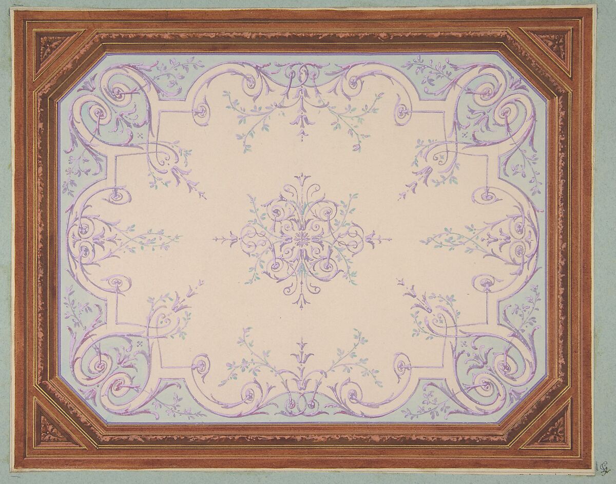 Design for the decoration of a ceiling in rinceaux, Jules-Edmond-Charles Lachaise (French, died 1897), pen and ink, watercolor, and gold paint on wove paper; mounted on blue wove paper 
