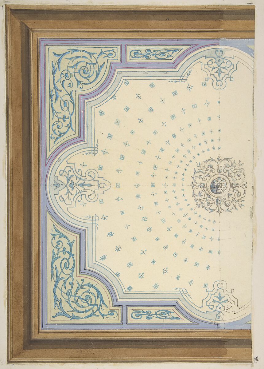 Design for the decoration of a ceiling with strapwork and rinceaux, Jules-Edmond-Charles Lachaise (French, died 1897), pen and ink and watercolor on wove paper; mounted on wove paper 