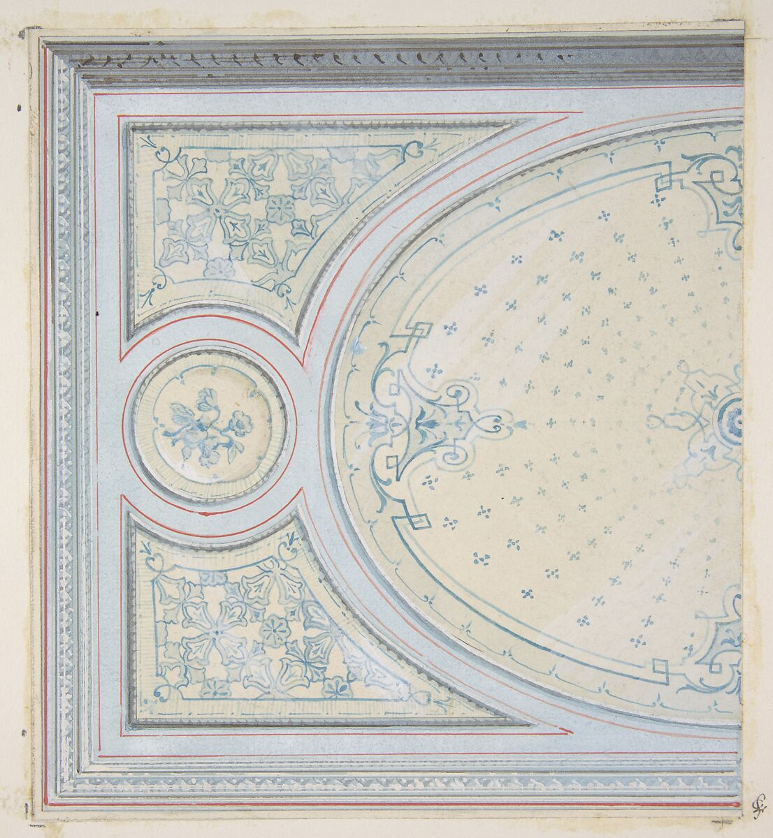 Design for the decoration of a ceiling, Jules-Edmond-Charles Lachaise (French, died 1897), pen and ink, watercolor, and gouache on wove paper; mounted on wove paper 