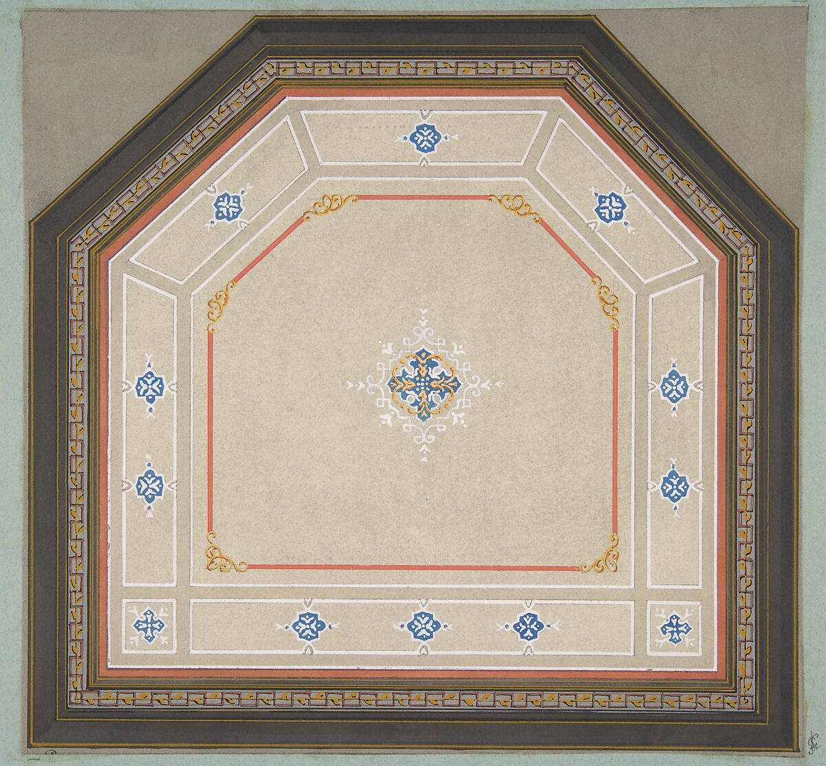Design for the decoration of a pentagonal ceiling, Jules-Edmond-Charles Lachaise (French, died 1897), pen and ink, watercolor, and gouache on wove paper; mounted on blue wove paper 