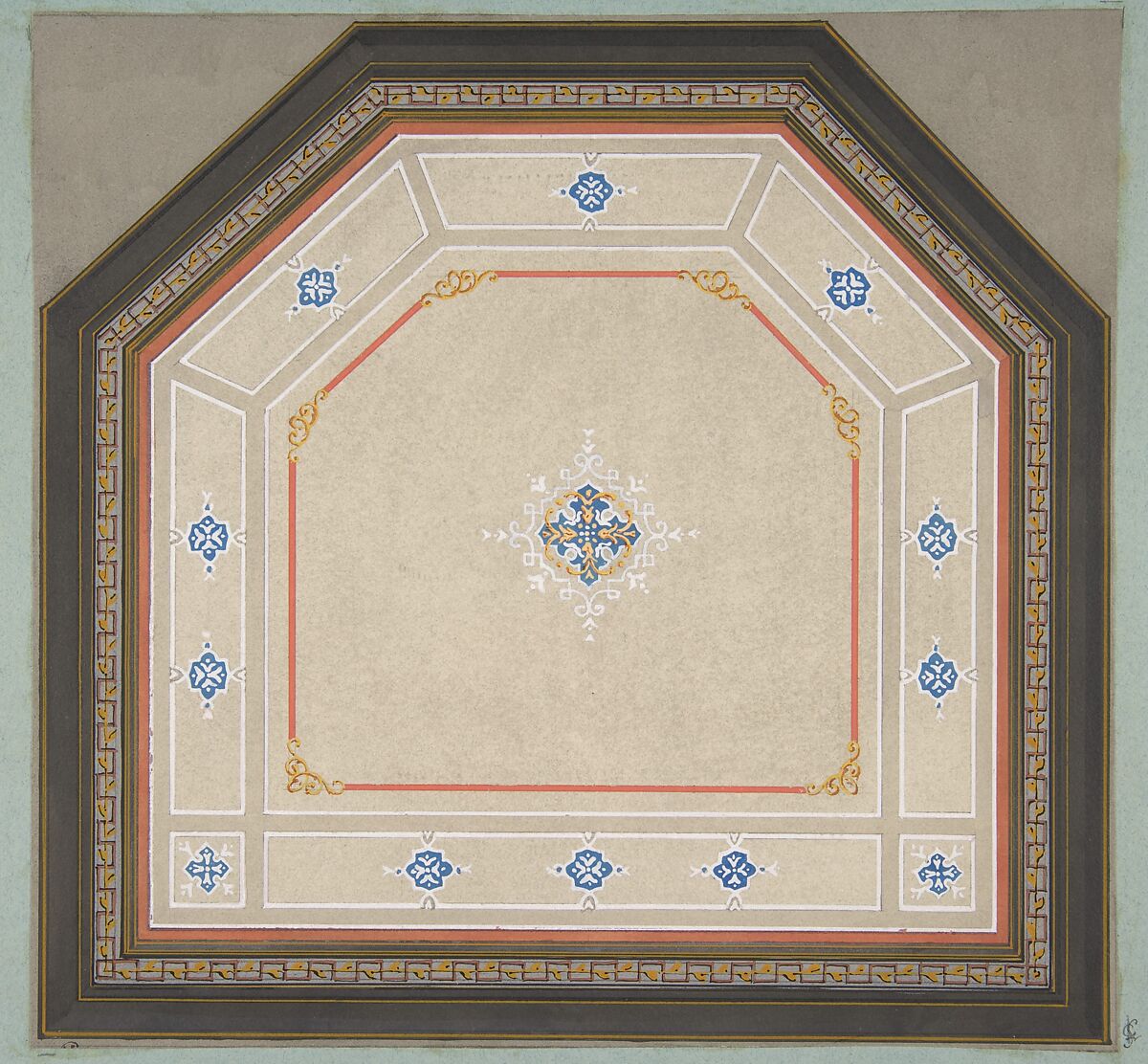 Design for the decoration of a pentagonal ceiling, Jules-Edmond-Charles Lachaise (French, died 1897), pen and ink, watercolor, and gouache on wove paper; mounted on blue wove paper 