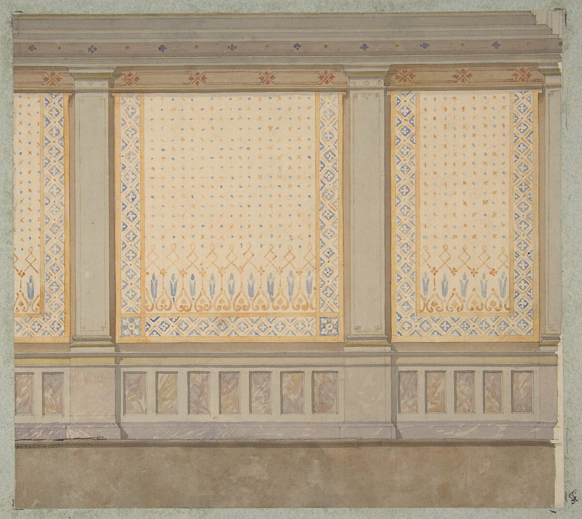 Design for decoration of a wall with painted panels separated by pilasters, Jules-Edmond-Charles Lachaise (French, died 1897), graphite and watercolor on laid paper 